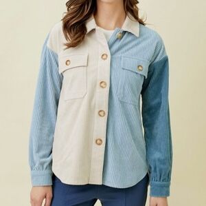 NWT Mystree Beige & Blue Corduroy Colorblock Button-Up Shacket | Oversized